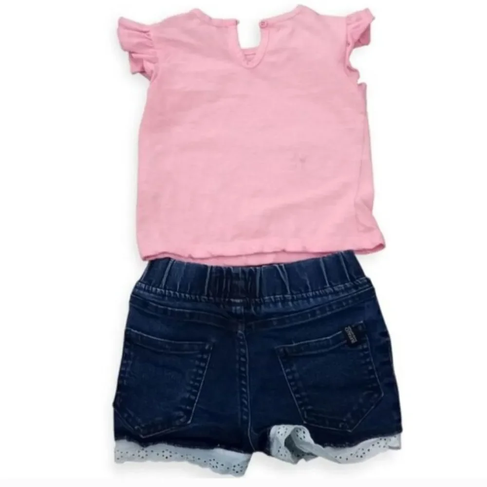 Gap Denim Blue Overalls and Buffalo Pink Love T-Shirt & Shorts Bundle Sz.2T EUC.